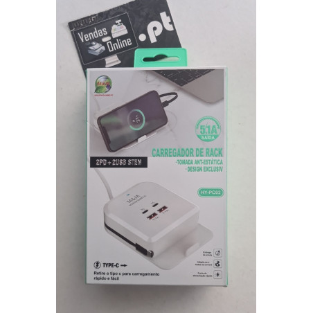Carregador Rack 66W com suporte para o telemóvel, com 2 Saídas USB e 2 Saídas PD (TypeC)